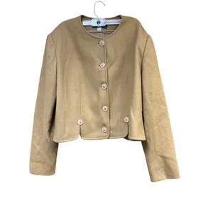 Orvis Women100% Wool Camel Tan Collarless Cropped Blazer Jacket Size 14 USA Made thumbnail 2
