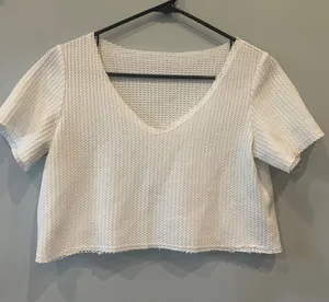 White Textured V-Neck Cropped Top simple casual thumbnail 1