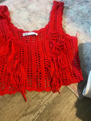 Zara Red Crocheted Fringe Crop Tank Top thumbnail 9