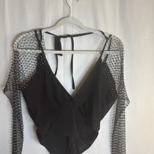 ENVME BLACK STRETCH RHINESTONE MESH BODYSUIT SNAP CROTCH Size Small NWT thumbnail 3