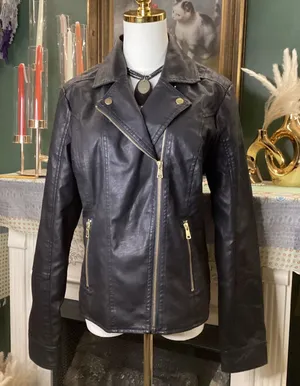 Baccini Womens Black Faux Leather Moto Jacket Gold Zip Biker Large NWT thumbnail 1