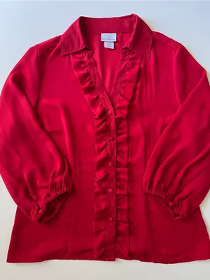 Jaclyn Smith Red Satin Ruffle Button Front 3/4 Balloon Sleeve Blouse Women’s M thumbnail 2