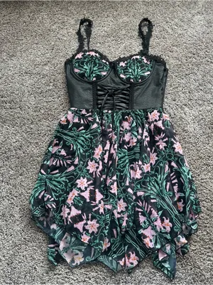 Dolls Kill Black Floral Lace-Up Mini Dress with Pink & Green Print thumbnail 2