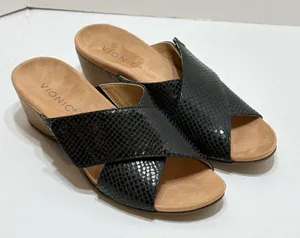 Vionic Women’s Leticia Black Leather Lizard Wedge Criss Cross Sandals Size 7 thumbnail 1