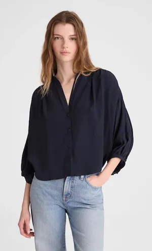 Madewell Shirred Crewneck Button-Up Top crepe de chine navy 3/4 sleeve Sz S NWT thumbnail 1