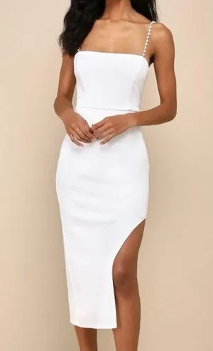 New! Lulus Dazzling Impression White Pearl Rhinestone Bodycon Midi Dress Sz S thumbnail 1