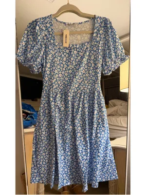 NEW Square Neck Dress Floral Puff Sleeve A Line Midi Dress Pockets S thumbnail 6