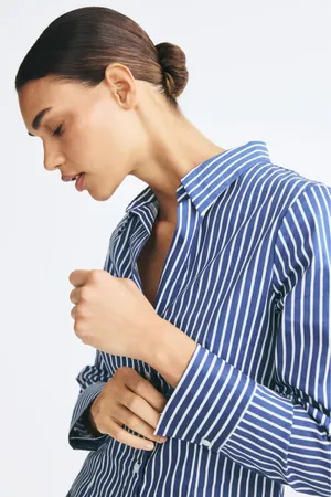 H&M Blue and White Vertically Striped Long-Sleeve Button-Down Shirt thumbnail 1