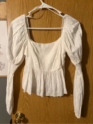 Line & Dot White Embroidered Puff Sleeve Peplum Blouse “Dakota Top” XS thumbnail 3