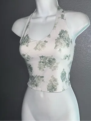 Hollister Womens White & Green Floral Crop Top Halter Tank size Small thumbnail 2