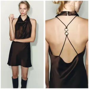 NWT Zara Brown Satin Jewelry Back Mini Dress Size Small High Neck Cocktail thumbnail 2