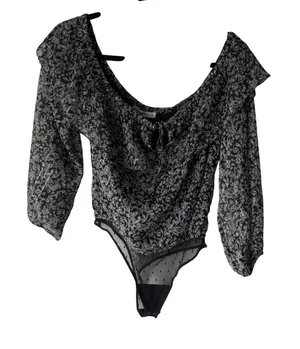 Abercrombie Fitch Black Floral Off Shoulder Long Sl Bodysuit S Feminine Coquette thumbnail 1