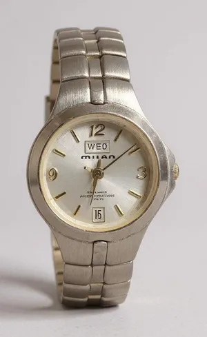 Milan Quartz Watch‎ Silver Tone Stainless Steel Day Date Indicator thumbnail 1