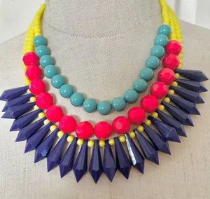 Yellow beaded red and green and blue statement necklace thumbnail 1