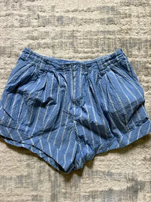Anthropologie Blue & White Striped High-Waist Pleated Shorts thumbnail 2