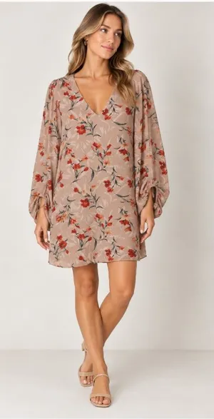 Entro Dress Womens Large Beige Floral V Neck Balloon Sleeve Tunic Boho thumbnail 1