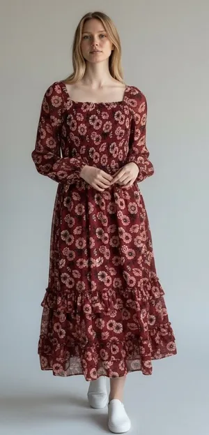 Teens Burgundy Floral Print Square Neck Long Sleeve‎ Tiered Ruffle Midi Dress 16 thumbnail 1