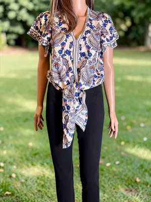 Max Studio Boho Paisley Tie Front Blouse M Blue Cream Coastal Top Anthro-Style thumbnail 5