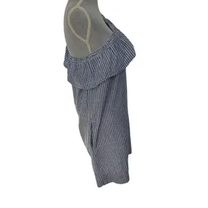 Aqua Linen Blend Blue White Striped One Shoulder Mini Dress S Ruffle Pockets thumbnail 4