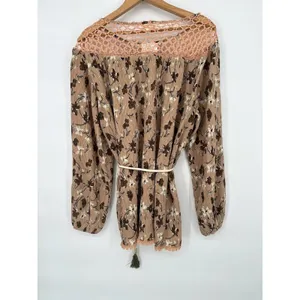 POL Floral Tunic Flowy Top Balloon Sleeves Rope Belt Large Crochet‎ Lace Boho thumbnail 4