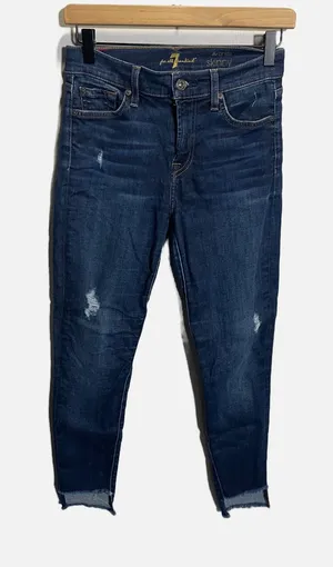 7 For All Mankind The Ankle Skinny Jeans Womens 25 Blue Distressed Raw Hem Denim thumbnail 1