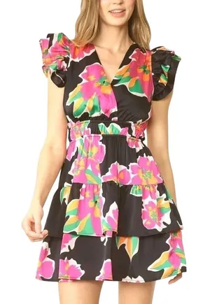 Entro Floral Mini Dress Womens M Black Pink Ruffle Boho Feminine Romantic Dainty thumbnail 1
