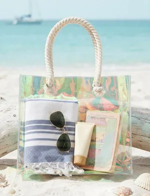 Holographic Iridescent Clear Beach Tote Bag Rope Handles Summer Vacation NWOT thumbnail 1