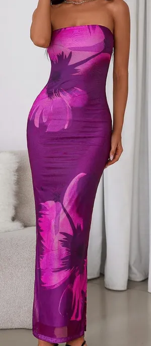 PRETTYGARDEN Strapless Bodycon Summer Dresses for Women Purple Flower. Size XS thumbnail 1