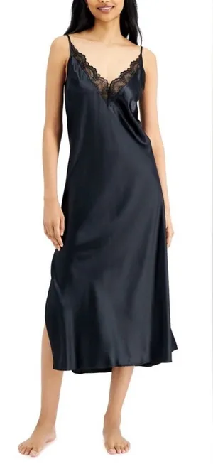 International Concepts Satin Like Lace-Trim Slip Long Nightgown Black Size M NWT thumbnail 1