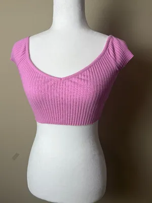 ZARA Pink Stretch Ribbed Crop Top Cap Sleeve V Neck Size Small thumbnail 1