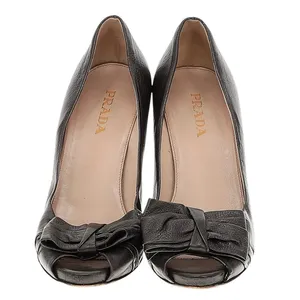 Prada Womens Size 38.5 US 7.5 Leather Heels Gunmetal Peep Hole Toe Made in Italy thumbnail 2