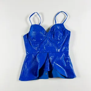Akira Faux Vegan Leather Croc Embossed Lace Up Bustier Corset Tank Top Blue S thumbnail 1