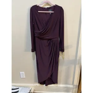 Adrianna Papell Women's Eggplant Jersey Wrap Midi Dress Long-Sleeve Size 10 thumbnail 5