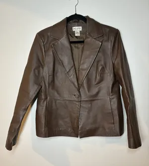 Kim Rogers Womens M Brown 100% Leather Button Front Blazer Jacket Lined Classic thumbnail 1