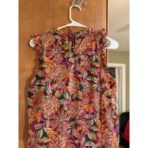 J. Crew Factory Women's Size Medium Sleeveless Ruffle Top Dark Green Pink Orange thumbnail 7