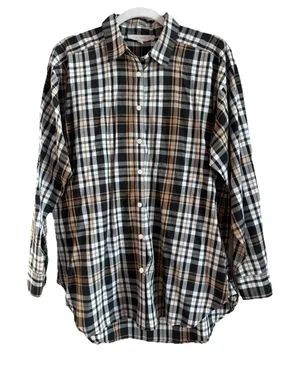 LOFT Womens M Plaid Button Front Shirt Long Sleeve Autumn Fall Cream Brown Black thumbnail 1