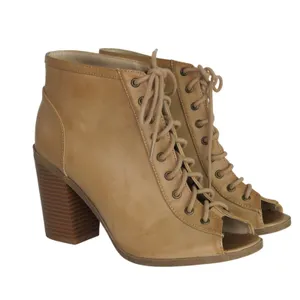 Soda Beige Lace Up Peep Toe Bootie Tan Ankle Tie Front Ankle Boots Size 7.5 thumbnail 3