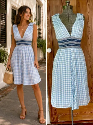 💥ALLEN SCHWARTZ Delilah Blue Gingham Smocked Waist Knee Length Dress XS💛 thumbnail 2