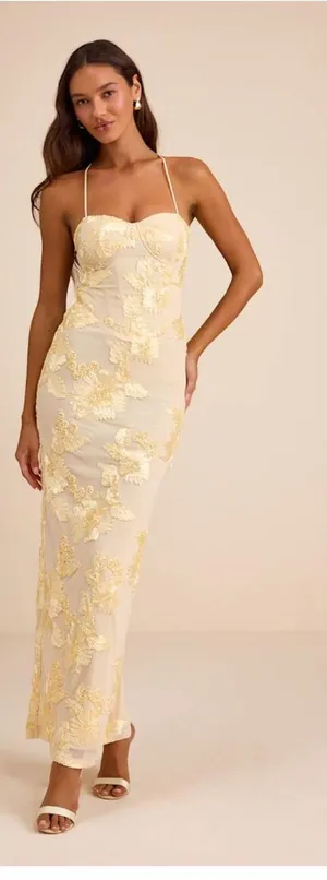 Lulu's Nantessa Light Yellow Floral Applique Lace-Up Maxi Dress thumbnail 1
