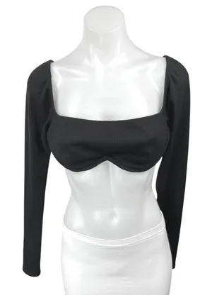 Princess Polly Women's Black Ribbed Knit Square Neck Long Sleeve Crop Top Size 8 thumbnail 1