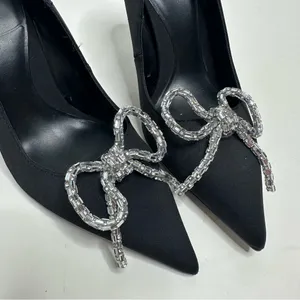 Zara Black Pointed Toe Silver Bow Stiletto Heels Size 39 thumbnail 3