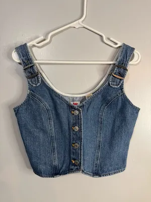 Levi's Blue Denim Button-Front Crop Top Size Small Slim Fit thumbnail 1
