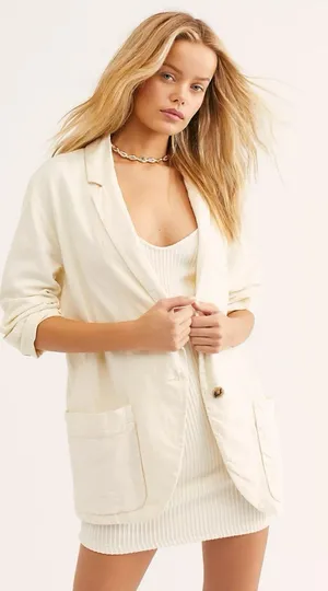 Free People Simply Perfect Linen Blazer Natural Tan Medium Oversized Jacket M thumbnail 1