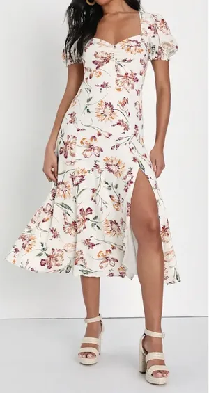 NWT Lulus‎ SZ Large Parisian Picnic Cream Floral Jacquard Puff Sleeve Midi Dress thumbnail 1