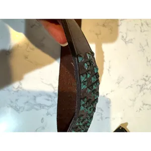 Vintage Brown leather metal turquoise patina studded belt size 34-38” western thumbnail 11