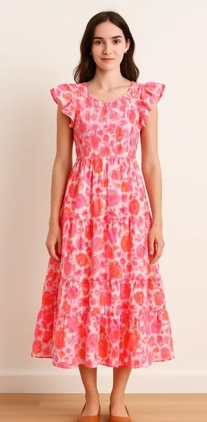Pink Flutter Sleeve Midi Dress for Weddings thumbnail 1