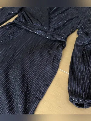 Navy Blue Sequin Wrap Dress Long Sleeve Tie Waist Cocktail Party Mini Dress thumbnail 4