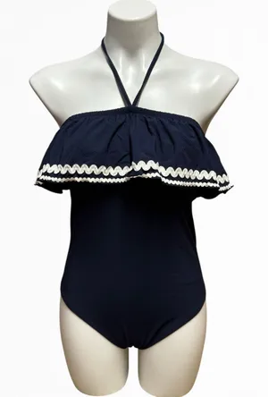 J.Crew Halter Ruffle One Piece Swimsuit Navy Blue White 6 thumbnail 1