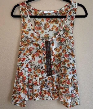 PAPAYA Boho Sleeveless Tank Blouse LARGE Ruffle Hem Lace Orange Floral Feminine thumbnail 1