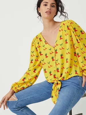 Anthropologie Kendra Dandy Dreamer Yellow Heel Print Tie Front Blouse size 0 thumbnail 3